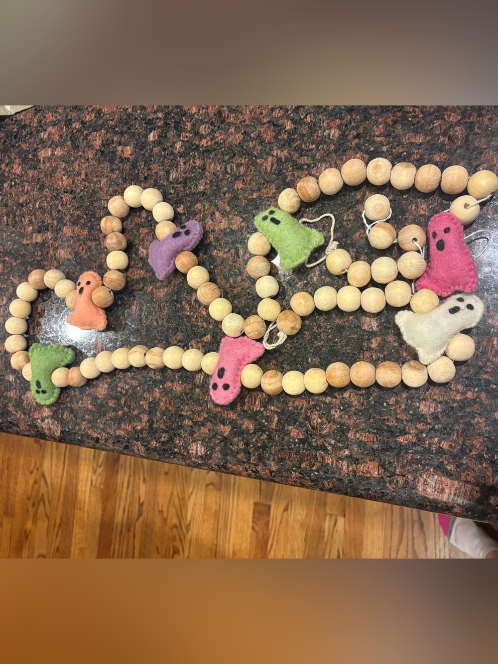 Natural Wood Bead Garland with Colorful Felt Ghosts - 6’ long